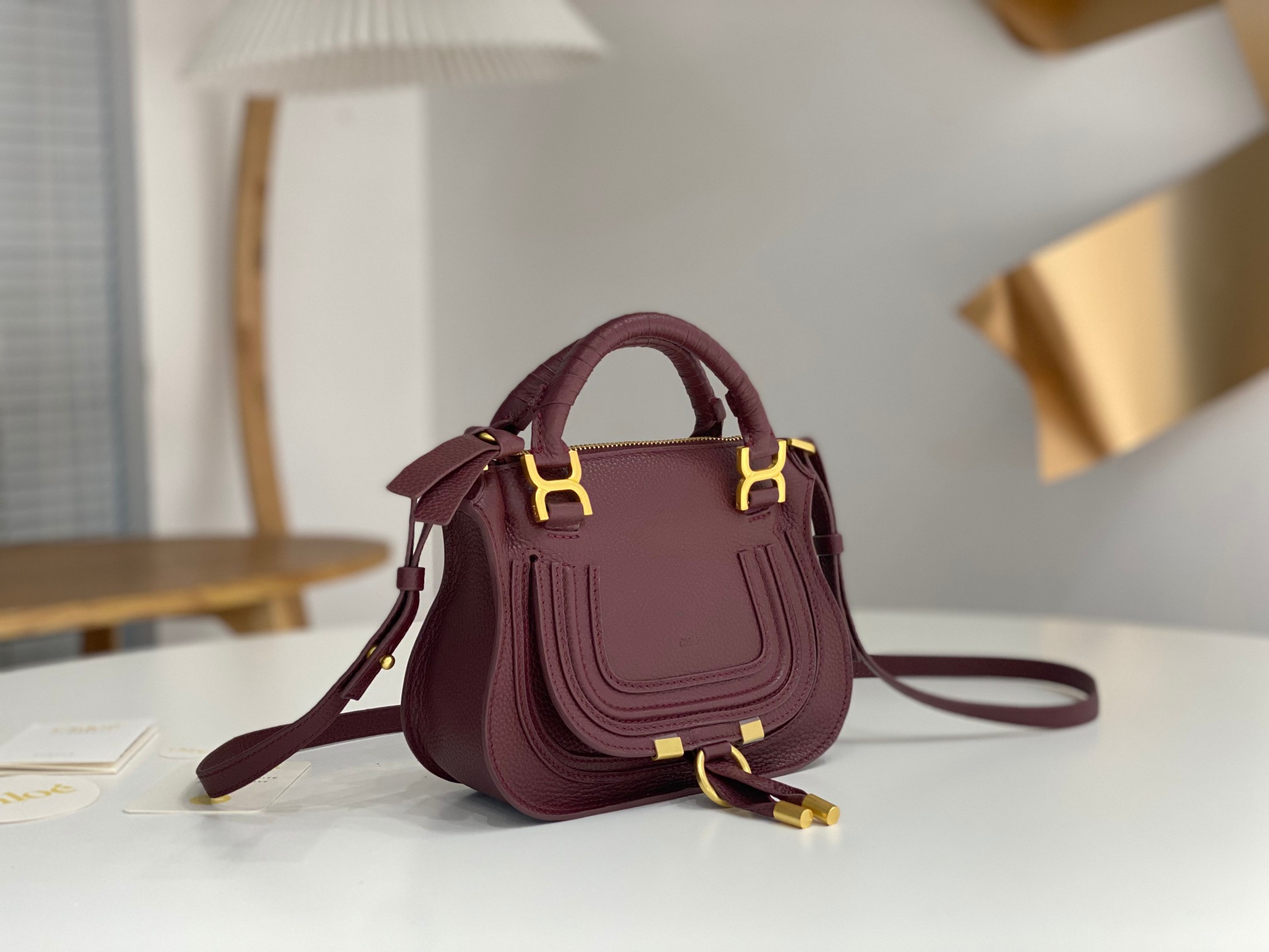 Chloe Mini Marcie Bag In Bordeaux Grained Leather